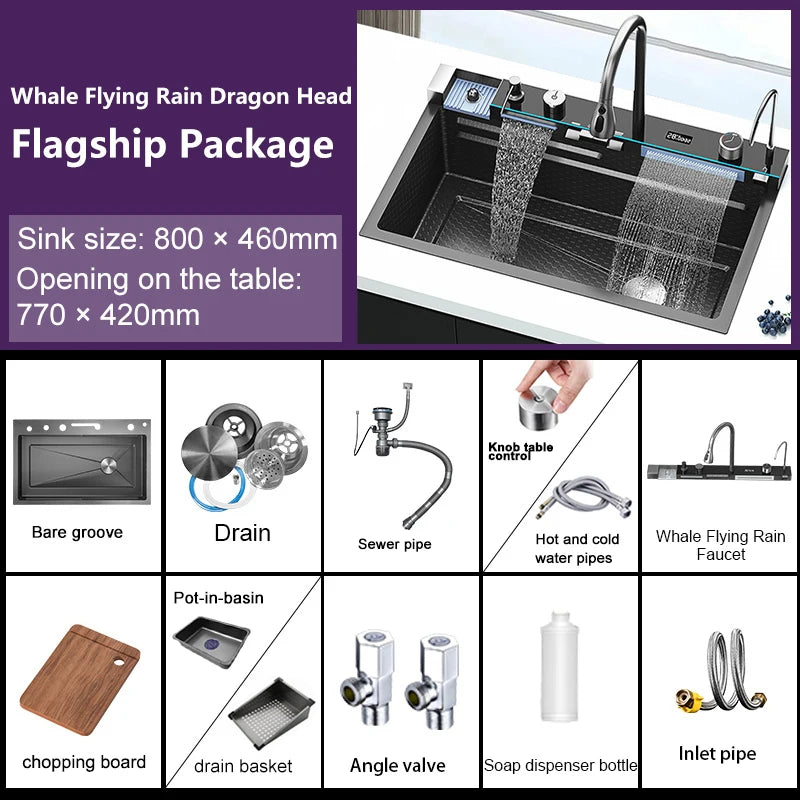 Évier de Cuisine à Cascade à Fente Unique, avec Support de Téléphone Portable Intelligent, en Acier Inoxydable, à Rainures, Gaufrage en Nid d'Abeille Intelligent