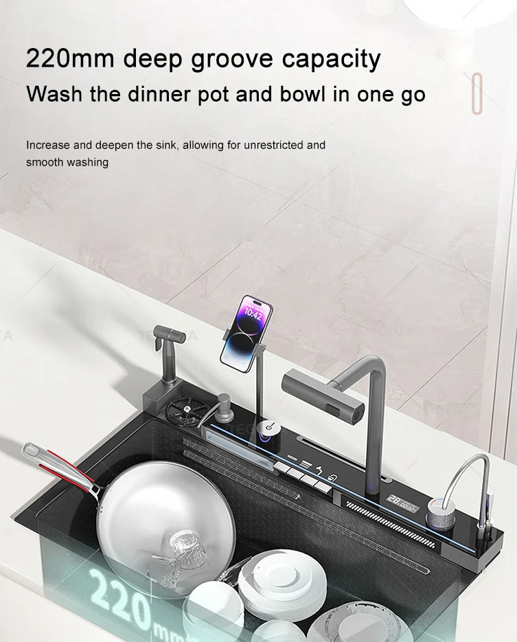 Évier de Cuisine à Cascade à Fente Unique, avec Support de Téléphone Portable Intelligent, en Acier Inoxydable, à Rainures, Gaufrage en Nid d'Abeille Intelligent