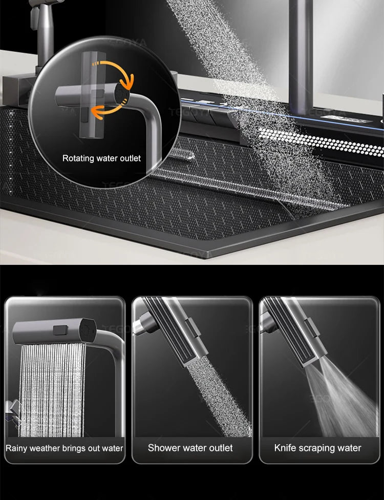 Évier de Cuisine à Cascade à Fente Unique, avec Support de Téléphone Portable Intelligent, en Acier Inoxydable, à Rainures, Gaufrage en Nid d'Abeille Intelligent