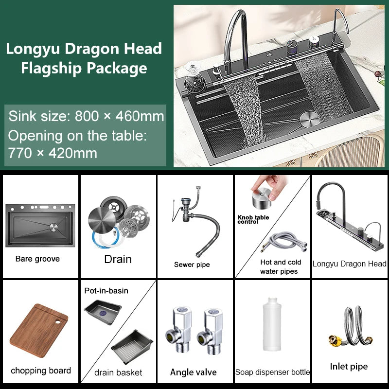 Évier de Cuisine à Cascade à Fente Unique, avec Support de Téléphone Portable Intelligent, en Acier Inoxydable, à Rainures, Gaufrage en Nid d'Abeille Intelligent