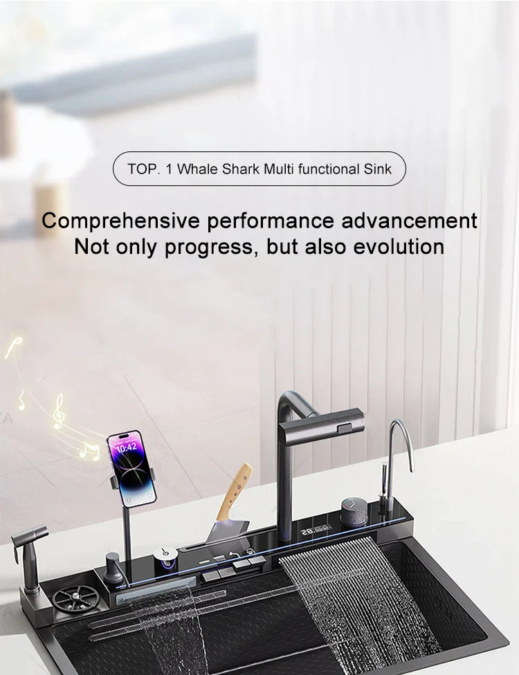 Évier de Cuisine à Cascade à Fente Unique, avec Support de Téléphone Portable Intelligent, en Acier Inoxydable, à Rainures, Gaufrage en Nid d'Abeille Intelligent
