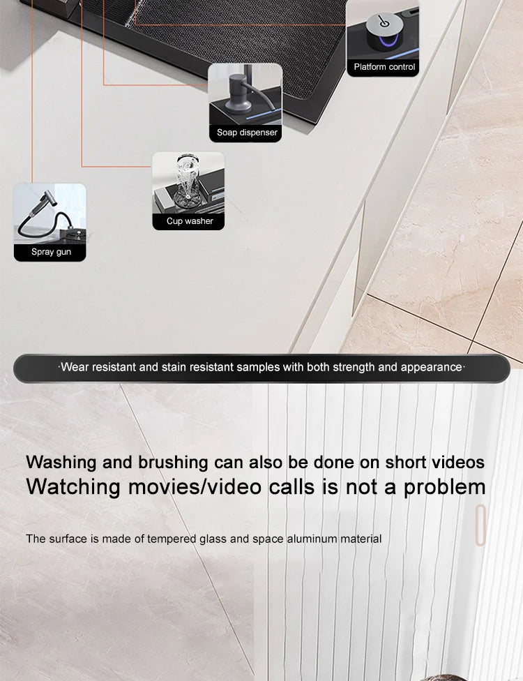 Évier de Cuisine à Cascade à Fente Unique, avec Support de Téléphone Portable Intelligent, en Acier Inoxydable, à Rainures, Gaufrage en Nid d'Abeille Intelligent