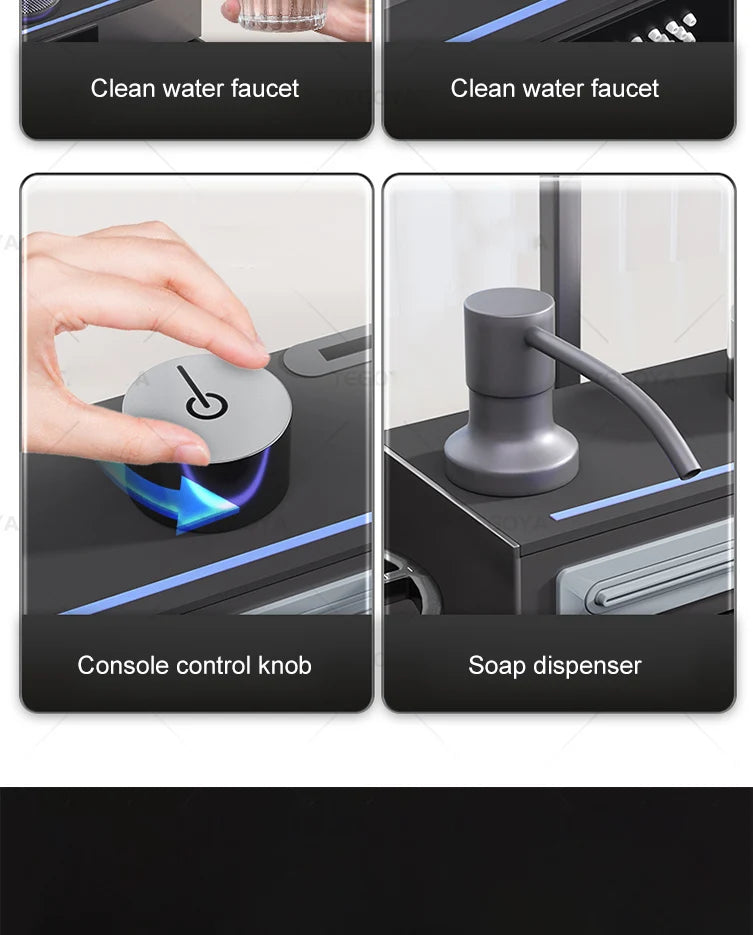 Évier de Cuisine à Cascade à Fente Unique, avec Support de Téléphone Portable Intelligent, en Acier Inoxydable, à Rainures, Gaufrage en Nid d'Abeille Intelligent