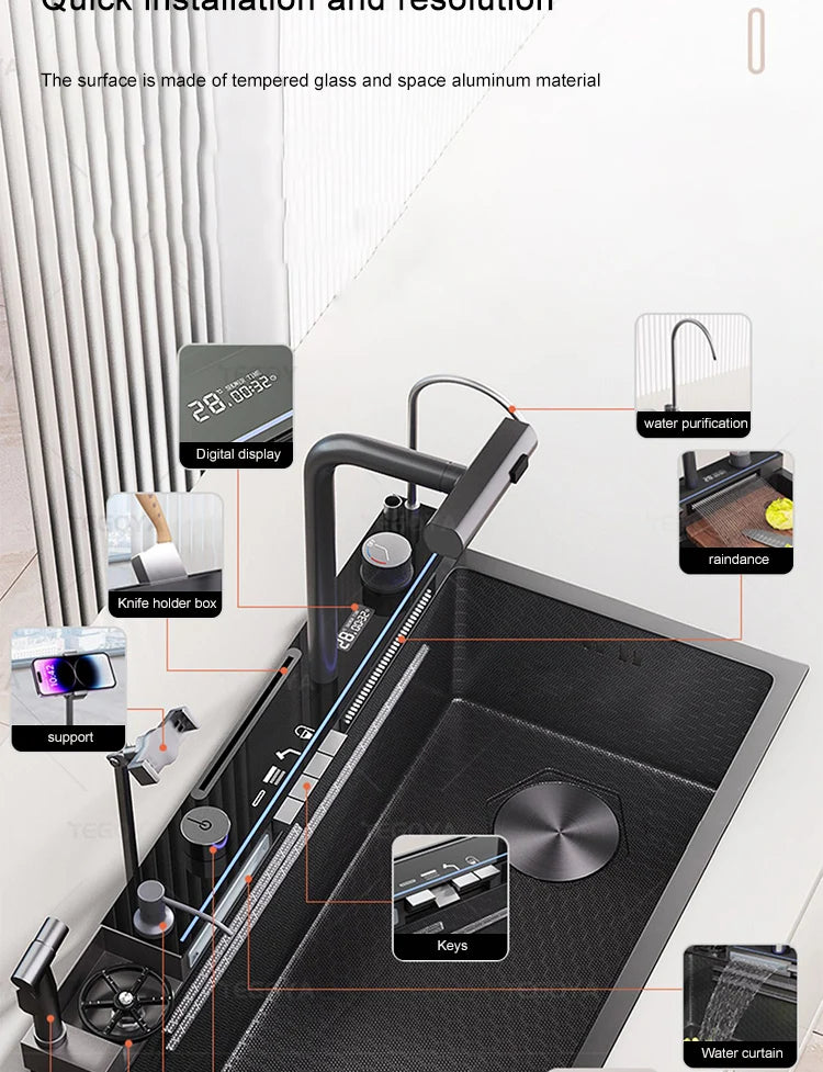 Évier de Cuisine à Cascade à Fente Unique, avec Support de Téléphone Portable Intelligent, en Acier Inoxydable, à Rainures, Gaufrage en Nid d'Abeille Intelligent