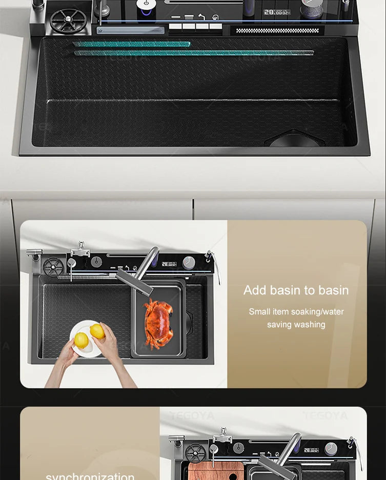 Évier de Cuisine à Cascade à Fente Unique, avec Support de Téléphone Portable Intelligent, en Acier Inoxydable, à Rainures, Gaufrage en Nid d'Abeille Intelligent
