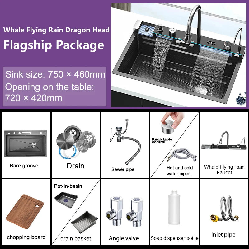 Évier de Cuisine à Cascade à Fente Unique, avec Support de Téléphone Portable Intelligent, en Acier Inoxydable, à Rainures, Gaufrage en Nid d'Abeille Intelligent