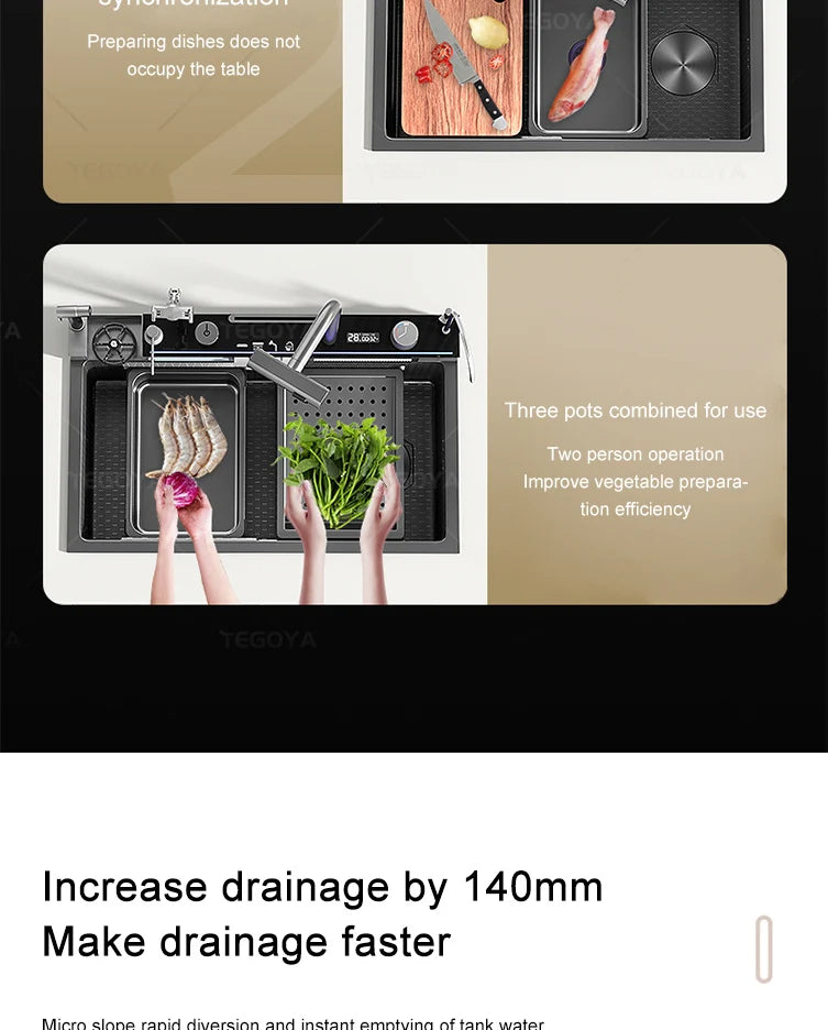 Évier de Cuisine à Cascade à Fente Unique, avec Support de Téléphone Portable Intelligent, en Acier Inoxydable, à Rainures, Gaufrage en Nid d'Abeille Intelligent