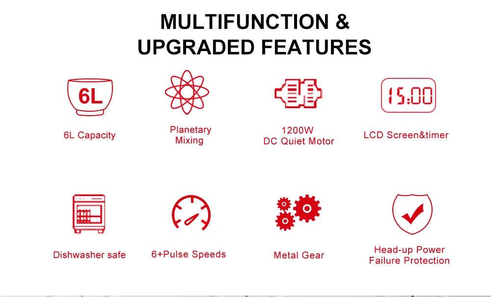 BioloMix Mélangeur sur socle de cuisine, mélangeur, moteur silencieux, fouet à œufs crème, pétrin de pâte fouet, 6 vitesses, 1200 W, 6 L, DC