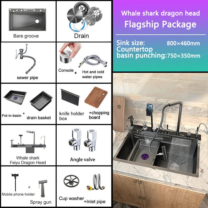 Évier de Cuisine à Cascade à Fente Unique, avec Support de Téléphone Portable Intelligent, en Acier Inoxydable, à Rainures, Gaufrage en Nid d'Abeille Intelligent