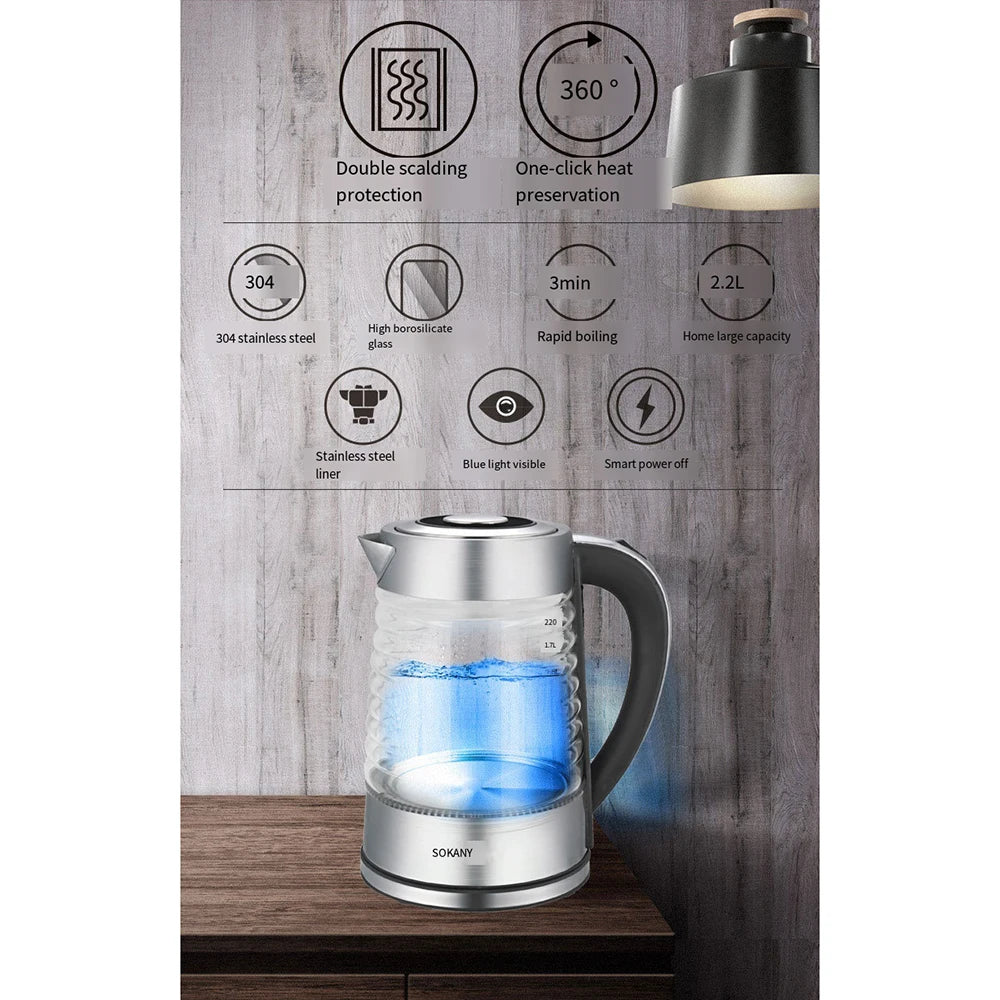 Bouilloire électrique portable en acier inoxydable, théière à café en verre intelligent, bouilloire à eau bouillante, port de cuisine, 220V, fecL