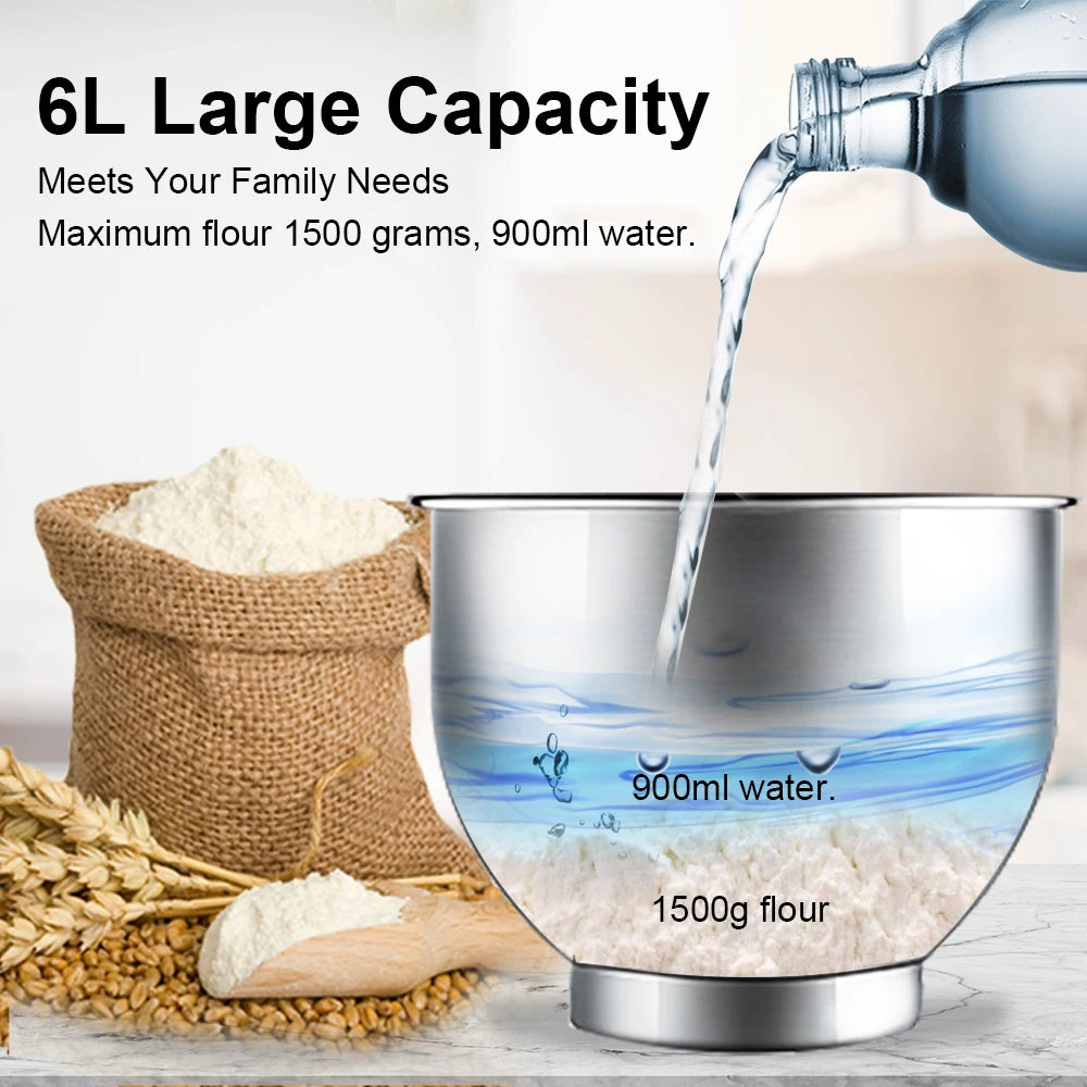 BioloMix Mélangeur sur socle de cuisine, mélangeur, moteur silencieux, fouet à œufs crème, pétrin de pâte fouet, 6 vitesses, 1200 W, 6 L, DC