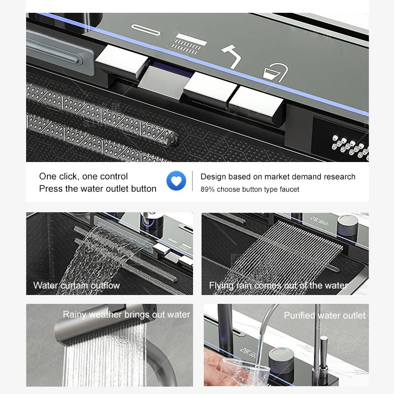 Évier de Cuisine à Cascade à Fente Unique, avec Support de Téléphone Portable Intelligent, en Acier Inoxydable, à Rainures, Gaufrage en Nid d'Abeille Intelligent