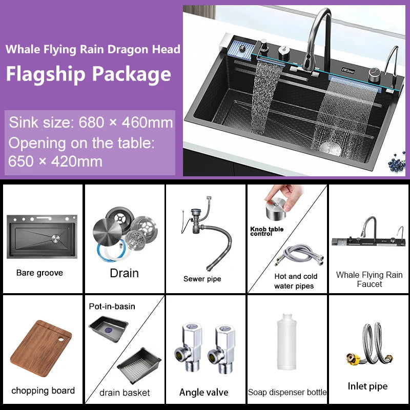 Évier de Cuisine à Cascade à Fente Unique, avec Support de Téléphone Portable Intelligent, en Acier Inoxydable, à Rainures, Gaufrage en Nid d'Abeille Intelligent