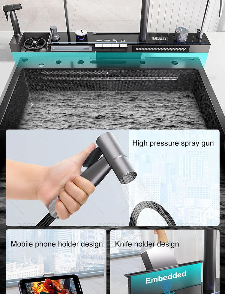 Évier de Cuisine à Cascade à Fente Unique, avec Support de Téléphone Portable Intelligent, en Acier Inoxydable, à Rainures, Gaufrage en Nid d'Abeille Intelligent