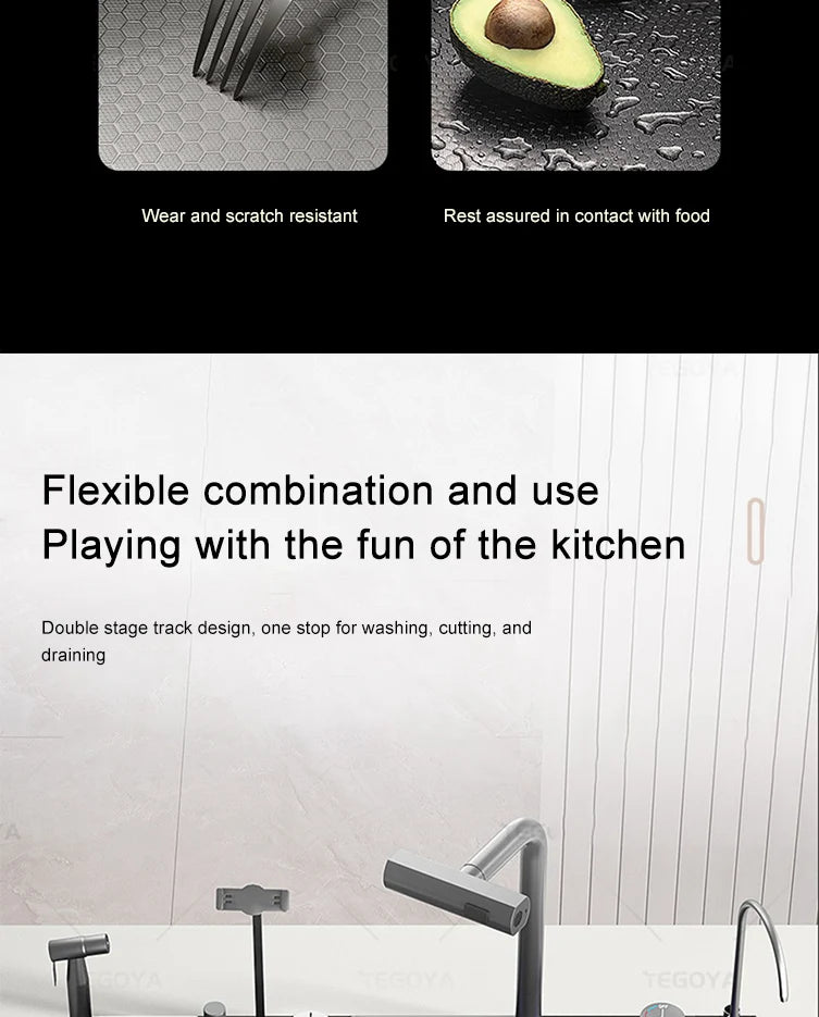 Évier de Cuisine à Cascade à Fente Unique, avec Support de Téléphone Portable Intelligent, en Acier Inoxydable, à Rainures, Gaufrage en Nid d'Abeille Intelligent
