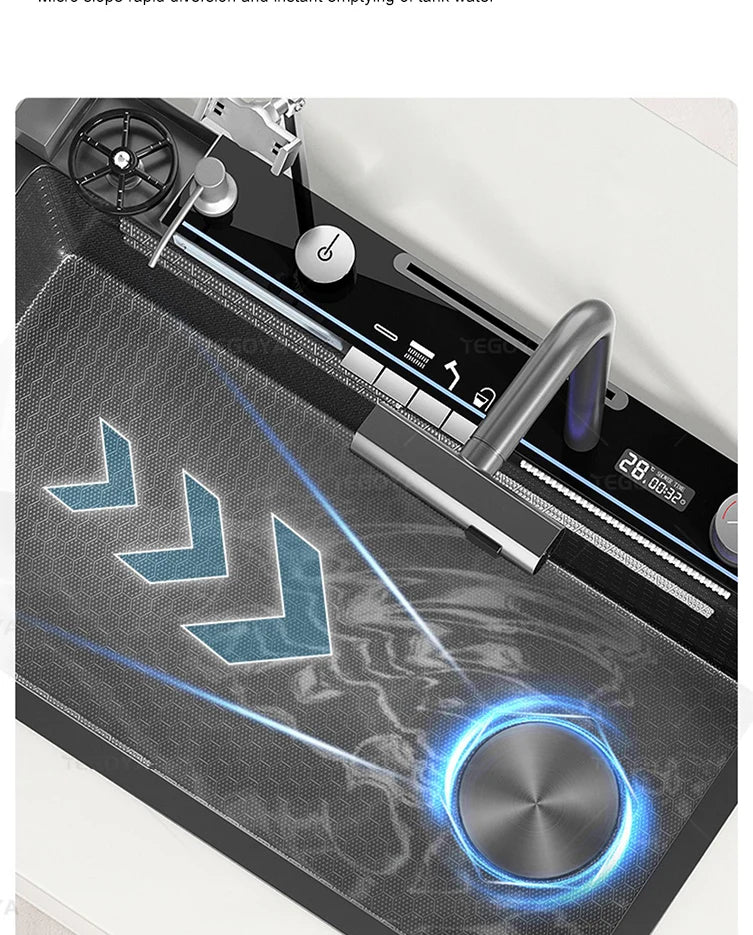 Évier de Cuisine à Cascade à Fente Unique, avec Support de Téléphone Portable Intelligent, en Acier Inoxydable, à Rainures, Gaufrage en Nid d'Abeille Intelligent