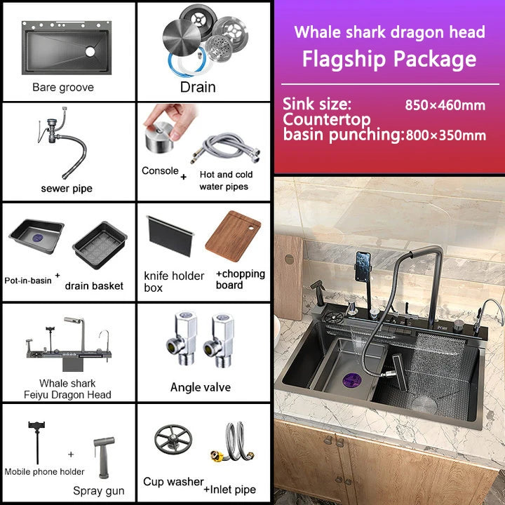 Évier de Cuisine à Cascade à Fente Unique, avec Support de Téléphone Portable Intelligent, en Acier Inoxydable, à Rainures, Gaufrage en Nid d'Abeille Intelligent