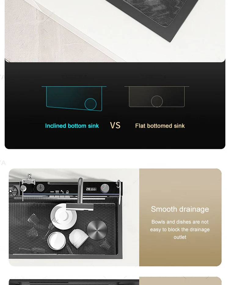 Évier de Cuisine à Cascade à Fente Unique, avec Support de Téléphone Portable Intelligent, en Acier Inoxydable, à Rainures, Gaufrage en Nid d'Abeille Intelligent