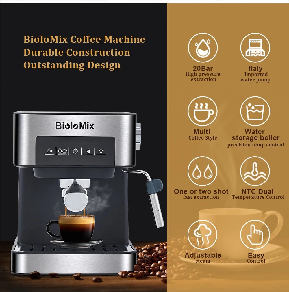 Biolomix – Machine à Café Expresso de type italien, 20 bars, avec mousseur à lait, pour expresso, Cappuccino, Latte et moka - Cuisine élégante