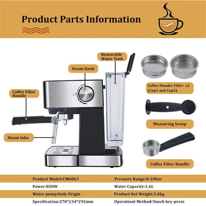 Biolomix – Machine à Café Expresso de type italien, 20 bars, avec mousseur à lait, pour expresso, Cappuccino, Latte et moka - Cuisine élégante