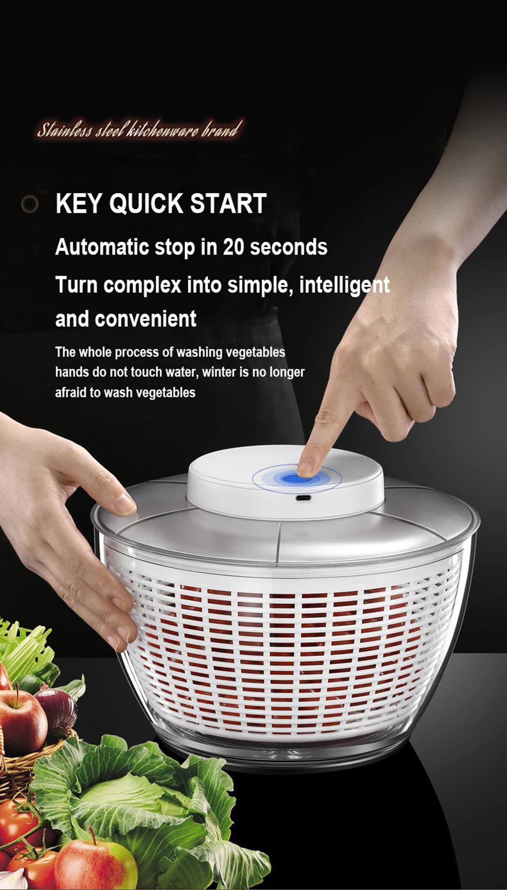 Déshydrateur de légumes électrique, nettoyage rapide, séchage de fruits et légumes, séparation sèche et humide, égouttoir à salade, Gadget pour la maison - Cuisine élégante