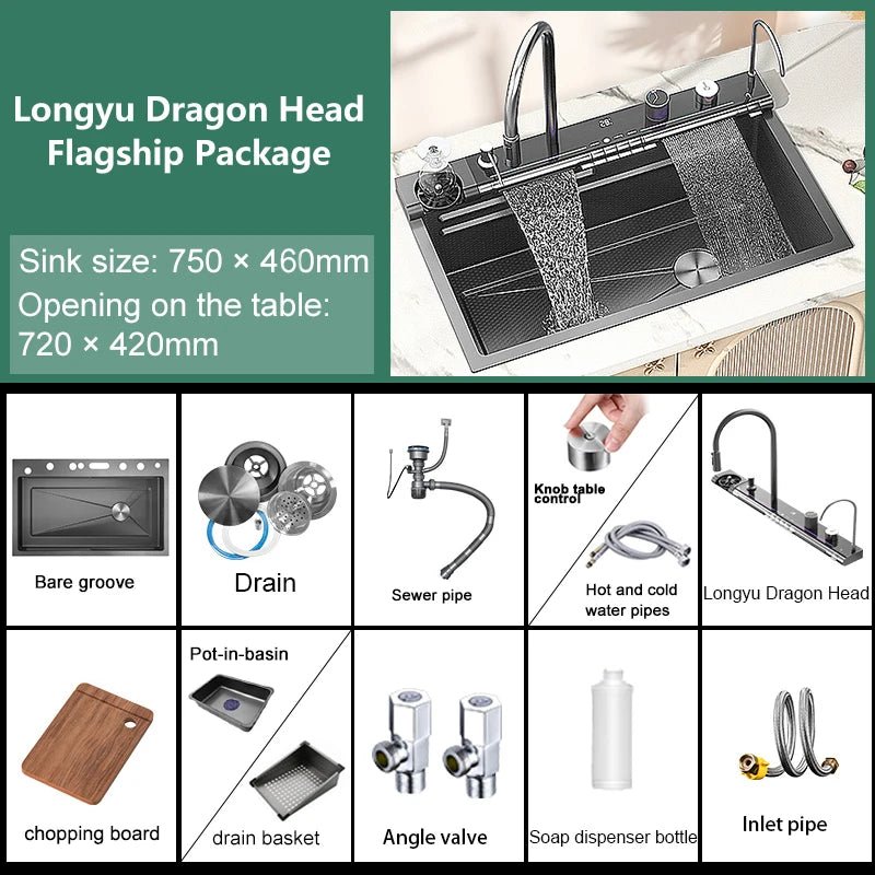 Évier de Cuisine à Cascade à Fente Unique, avec Support de Téléphone Portable Intelligent, en Acier Inoxydable, à Rainures, Gaufrage en Nid d'Abeille Intelligent - Cuisine élégante