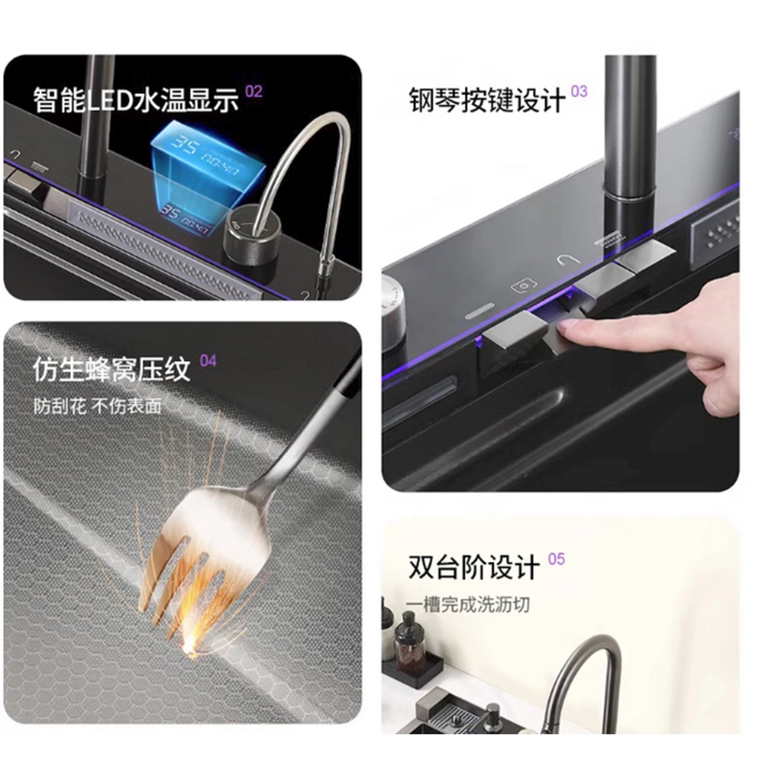 Évier de Cuisine Intelligent en Acier Inoxydable Noir, Utilitaire Multifonctionnel 3 en 1, Affichage Numérique, 29.5x17,7 Pouces, pour la Maison - Cuisine élégante