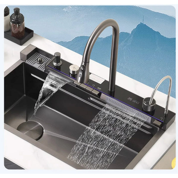 Évier de Cuisine Intelligent en Acier Inoxydable Noir, Utilitaire Multifonctionnel 3 en 1, Affichage Numérique, 29.5x17,7 Pouces, pour la Maison - Cuisine élégante