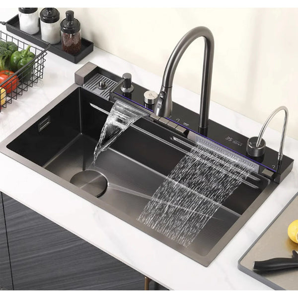 Évier de Cuisine Intelligent en Acier Inoxydable Noir, Utilitaire Multifonctionnel 3 en 1, Affichage Numérique, 29.5x17,7 Pouces, pour la Maison - Cuisine élégante