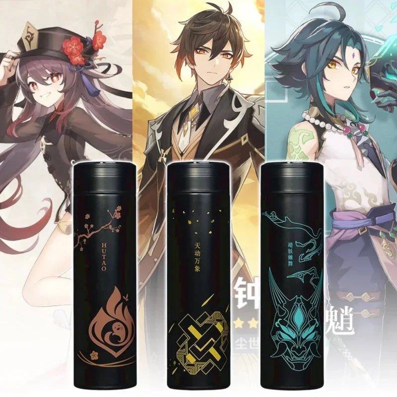 Genshin Impact flacon à vide bouteilles d'eau en acier inoxydable affichage de la température LED tasse à café jeu Zhongli Xiao Anime tasse Thermos - Cuisine élégante