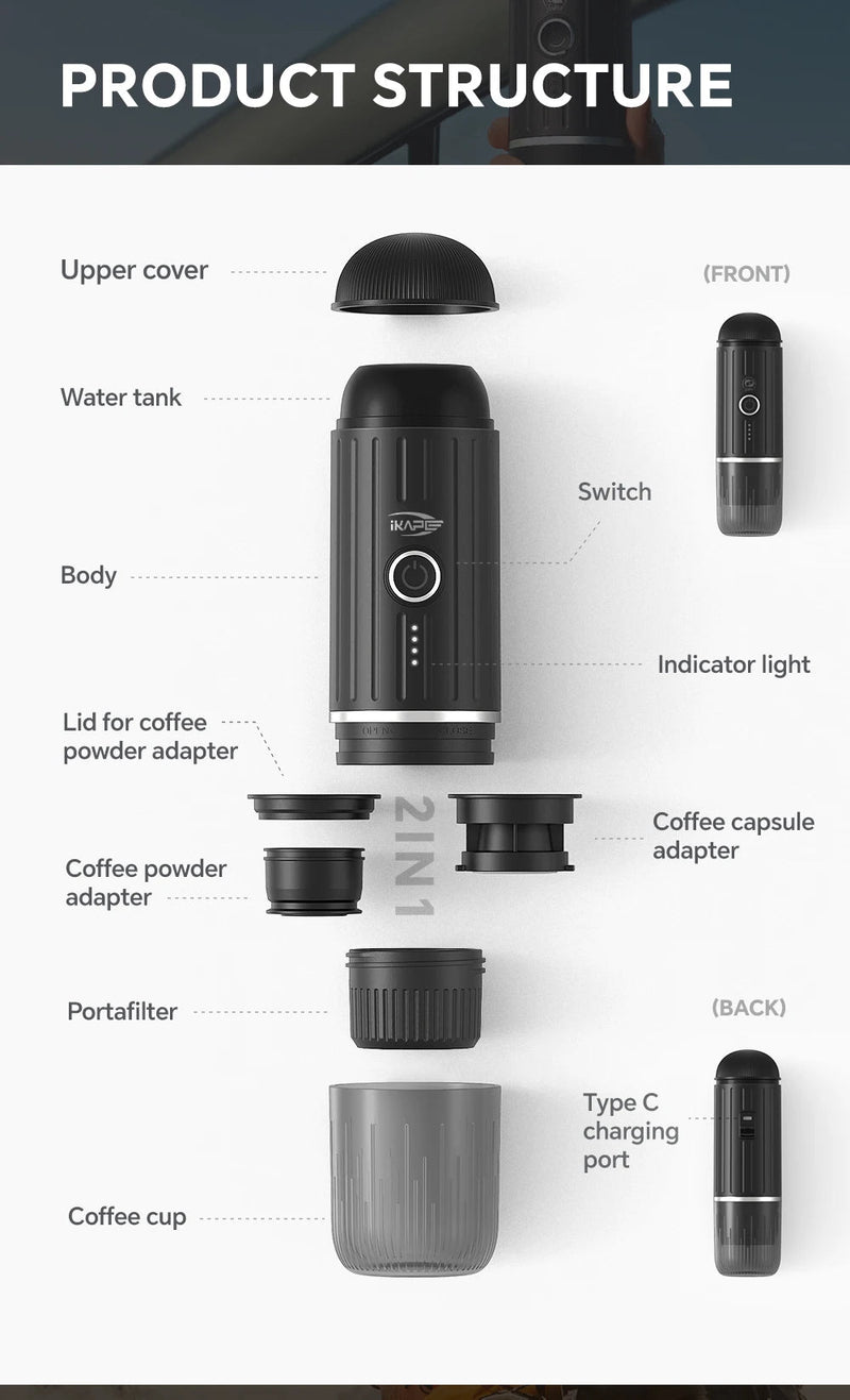 IKAPE-Machine à expresso électrique portable, cafetière à capsules pour eau chaude et froide, machine à café moulu pour la randonnée, le camping, la maison - Cuisine élégante