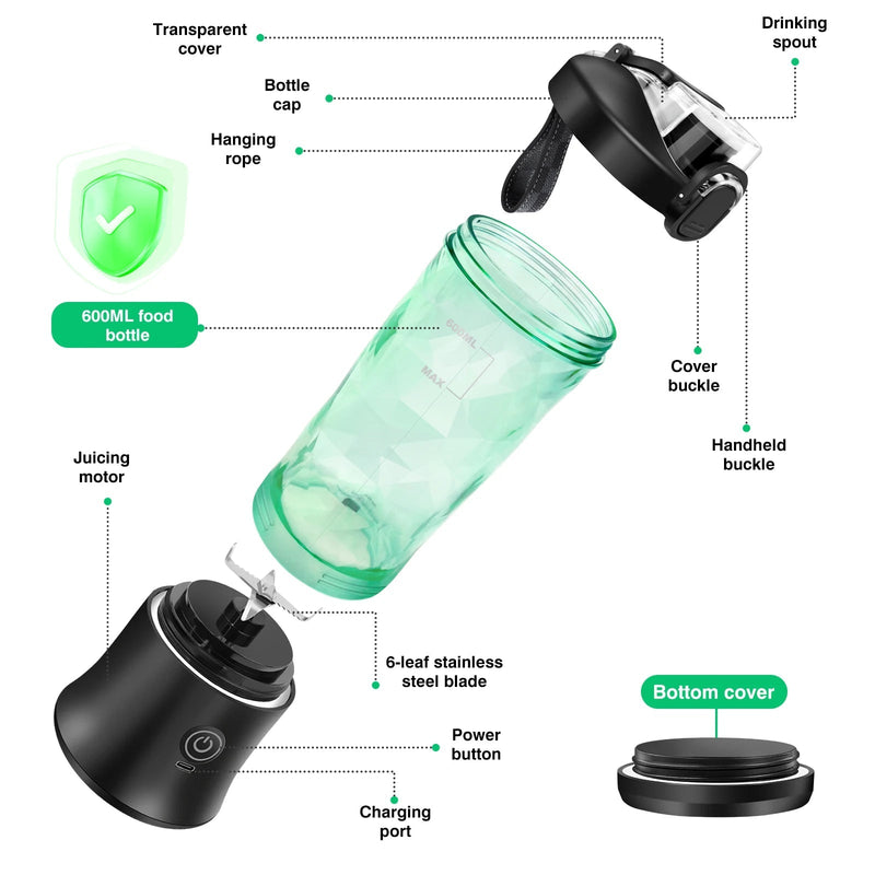 Mini mélangeur Portable de 600ml, petit mélangeur de Smoothie Rechargeable par USB, mélangeur de voyage de grande capacité, Smoothies portables, mélange de glace - Cuisine élégante