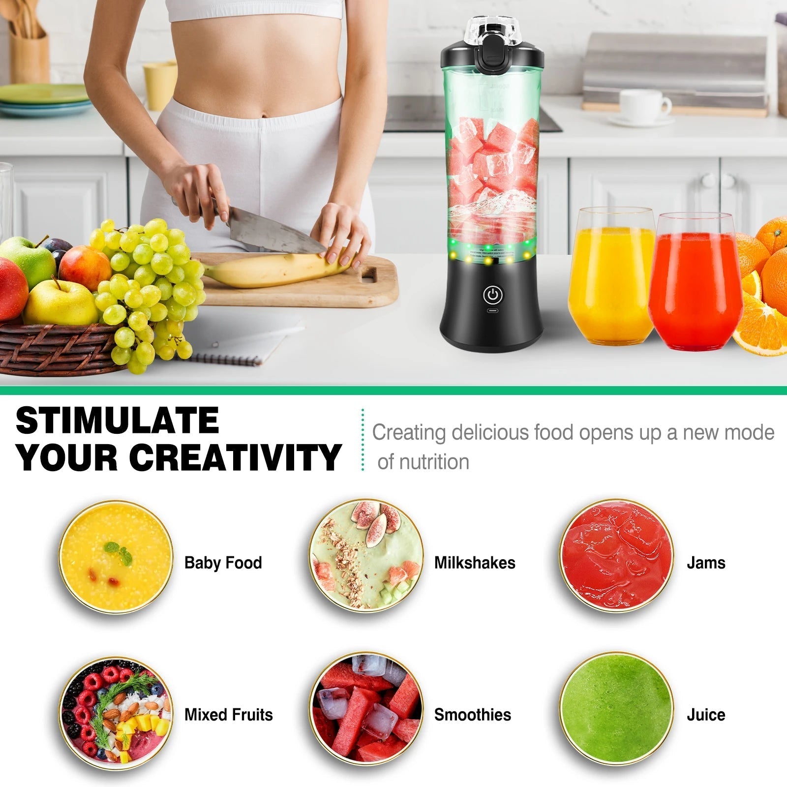 Mini mélangeur Portable de 600ml, petit mélangeur de Smoothie Rechargeable par USB, mélangeur de voyage de grande capacité, Smoothies portables, mélange de glace - Cuisine élégante