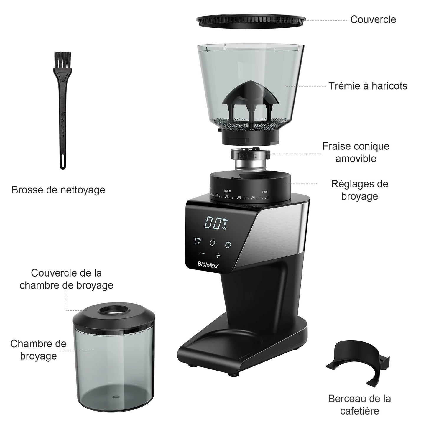 Moulin à café électrique automatique BioloMix avec 30 vitesses pour expresso, café américain, verseur, stockage visuel des grains - Cuisine élégante