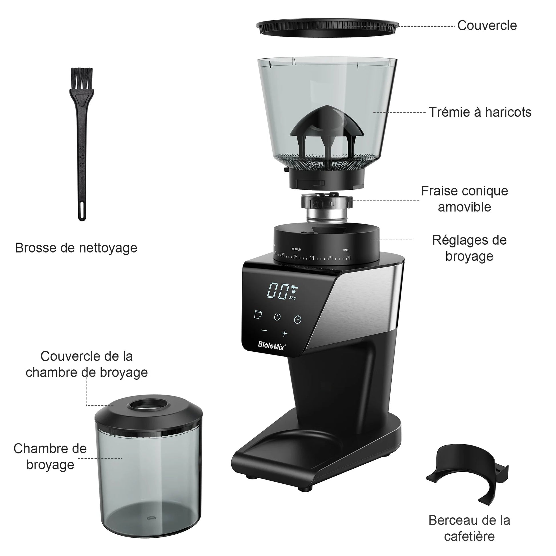 Moulin à café électrique automatique BioloMix avec 30 vitesses pour expresso, café américain, verseur, stockage visuel des grains - Cuisine élégante