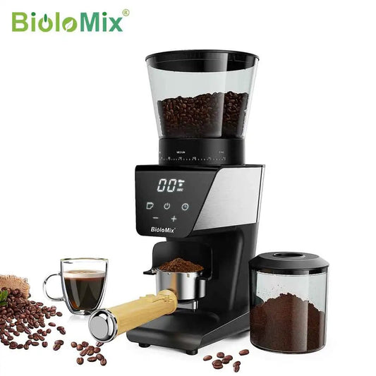 Moulin à café électrique automatique BioloMix avec 30 vitesses pour expresso, café américain, verseur, stockage visuel des grains - Cuisine élégante