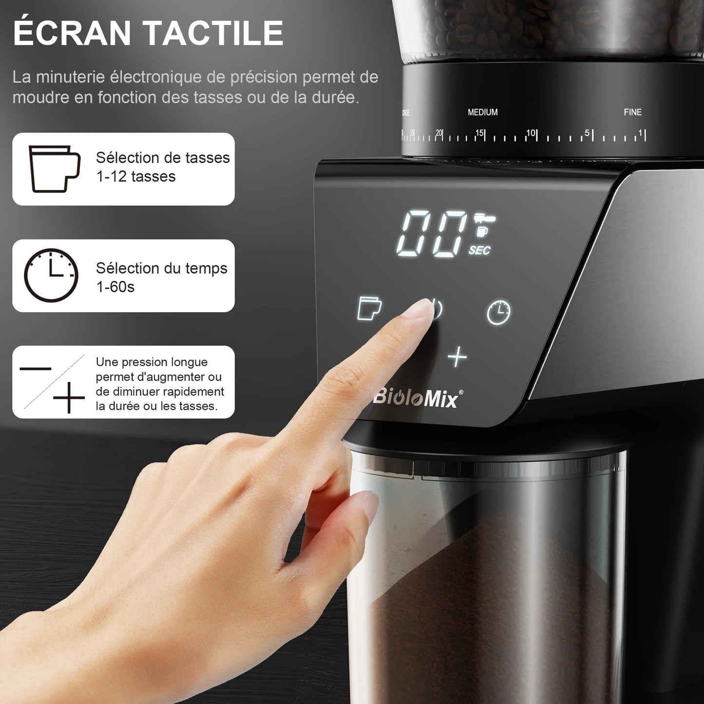 Moulin à café électrique automatique BioloMix avec 30 vitesses pour expresso, café américain, verseur, stockage visuel des grains - Cuisine élégante